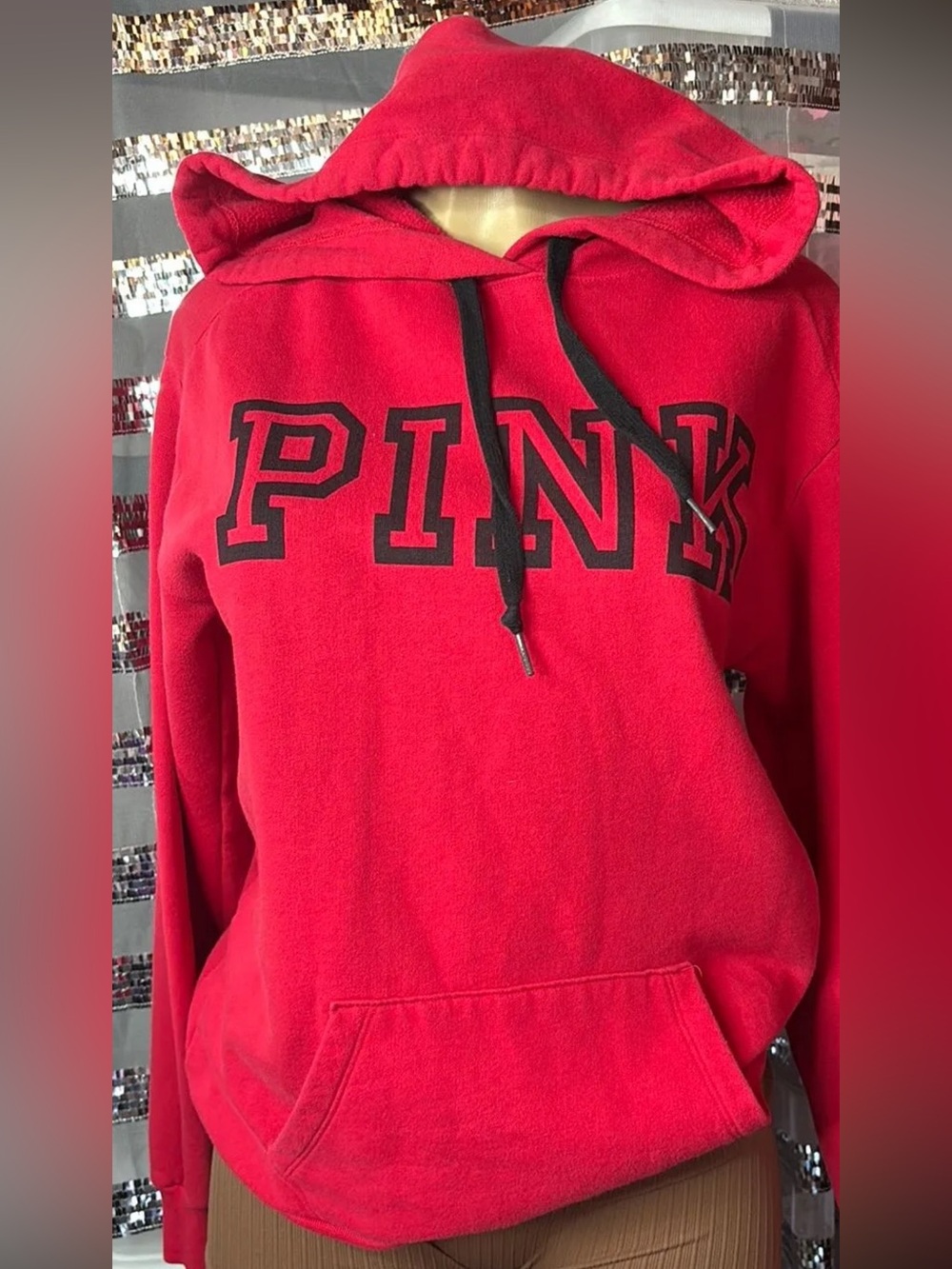 PINK Victoria's Secret Red Hooded Fleece Sweatshirt with Black Logo